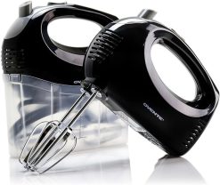 Ovente Portable 5 Speed Mixing Electric Hand Mixer With Stainless Steel Whisk Beater Attachments Snap Storage Case Compact Lightweight 150 Watt Powerful Blender For Baking Cooking Black