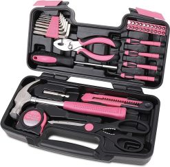 Apollo Tools Original 39 Piece General Household Tool Set in Toolbox Storage Case with Essential Hand Tools for Everyday Home Repairs, DIY and Crafts - Pink Ribbon